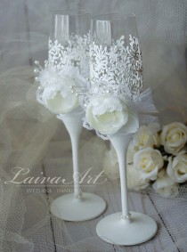 wedding photo -  Wedding Champagne Flutes Wedding Champagne Glasses White Wedding Decoration Bride and Groom Wedding Glasses