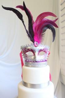 wedding photo - Masquerade, Venetian, Mask Cake Topper Pink and Silver, Glitter, French, Carnival, overthetopcaketopper