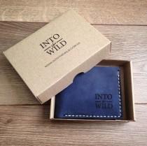 wedding photo - Blue leather wallet with one section for bancnotes and sections for cards,Simple Billfold wallet,Slim wallet,Blue wallet, Ready to ship gift