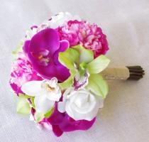 wedding photo - Silk Wedding Bouquet Hot Pink Peonies and Green Cymbidiums Natural Touch Flowers Bridal Bouquet