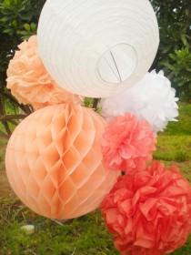 wedding photo - Coral ombre tissue pom poms, honeycomb balls, paper lanterns, peach coral white