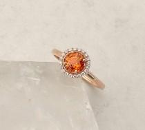 wedding photo - Orange Sapphire Rose Gold Ring Diamond Halo Gemstone Ring for Right Hand or as a Wedding Ring