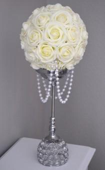 wedding photo - IVORY Flower Ball With DRAPING PEARLS. Wedding Decor, Bridal Shower,  Flower Girl. Choose Your Rose Color.