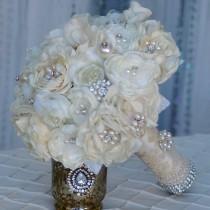 wedding photo - Gatsby Brooch Bouquet FREE Boutonniere Fabric flower Ivory Champagne Cream