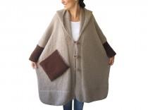 wedding photo - Plus Size Over Size Beige Mohair Overcoat - Poncho - Pelerine with Hood and Brown Pocket