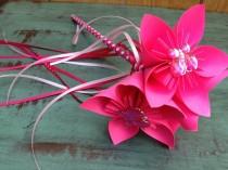 wedding photo - Paper Flower Wand Bouquet in Bright Pink with Butterfly Gem Centers