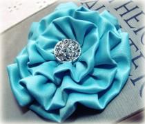wedding photo - Aqua Flower hair clip.Aqua Flower Headpiece.Breakfast at Tiffanys.Flower Brooch.Aqua Pin.Aqua Blue Flower.Aqua Blue Hair Accessory. 3.5"