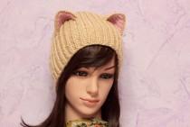 wedding photo - Crochet Cat Ears Hat, Cat Ears Beanie, Beige Cat Beanie, Chunky Cat Hat, Winter Accessories, Holiday Fashion, Winter Hat