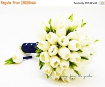 wedding photo - Winter Sale Ready to Ship - Real Touch Tulips Bridal Bouquet White Navy Blue Ribbon Groom's Boutonniere -White Tulip Wedding Flower Package