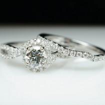 wedding photo - Diamond Halo Swirl Engagement Ring & Wedding Band Set 14k White Gold