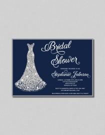 wedding photo - Navy and Silver Bridal Shower Invitation diamond wedding gown Digital or Printed
