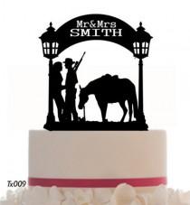 wedding photo - Wedding Cake Topper Mr and Mrs With a Horse, Removable Spikes and Free Base for table Display
