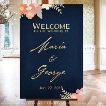 wedding photo - Wedding Welcome Sign, Gold and Navy Welcome Sign, Dark Blue Wedding Reception Sign, Personalized Printable Wedding Sign, Party Welcome Sign