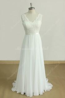 wedding photo - Deep V Neckline Ivory A Line Chiffon Lace wedding dress with scallop open back