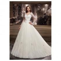 wedding photo - Alluring Tulle V-neck Neckline Long Sleeves Ball Gown Wedding Dresses with Lace Appliques - overpinks.com
