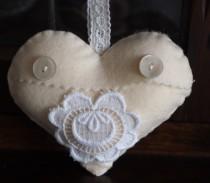 wedding photo - Romantic heart.FELT.Bonbonniere.Wedding.Ornment for the bathroom.Hand made.Macramé lace,nacre buttons,lace ribbon.