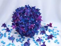 wedding photo - Alma's Bridal Bouquet 1st Design with Blue Violet Dendrobuim Orchids, Purple Hydrangeas,Rhinestone Handle