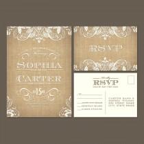 wedding photo - Sample Burlap Lace Wedding Invitation and RSVP Postcard