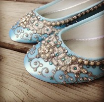 wedding photo - Wedding Shoes - Fairy Tale Inspired Closed Toe Flats - Lace, Crystals and Pearls - Blue/White/Ivory/Custom Colors