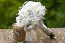 wedding photo - Budget Brooch Bouquet Ivory White with FREE Boutonniere
