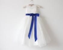 wedding photo - Light Ivory Flower Girl Dress Royal Blue Baby Girls Dress Lace Tulle Flower Girl Dress With Royal Blue Sash/Bows Sleeveless Floor-length