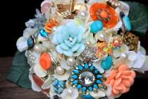 wedding photo - Vintage wedding brooch bouquet peach coral pink green flowers with FREE toss / bridesmaid bouquet, Deposit only