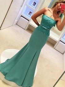 wedding photo - Decent Strapless Mermaid Sweep Train Prom Dress With Lace Top Bowknot on Luulla