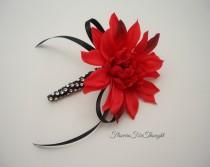 wedding photo - Red Dahlia Boutonniere with Black Accent, Mens Buttonhole Flower, Groomsmen Wedding Favor