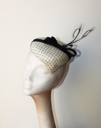 wedding photo - Ivory Straw Pointed Percher with veiling and feathers - Very stylish hat great for a wedding or the races, can be made in other colours
