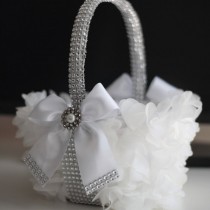 wedding photo -  White Wedding Flower Girl Basket with White bow and rhinestones \White Wedding Basket \ Silver wedding petals basket with Brooch