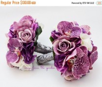 wedding photo - Winter Sale Orchids Roses Hydrangea Wedding Flower Package Bridesmaid Bouquet Real Touch Roses Silk Roses Hydrangea Plum Purple Ivory