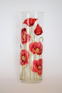 wedding photo - Wedding Gift for Friends Hand Painted Vase Flower Home Decor Wedding Vase Table Centerpiece Red Poppies Tall Cylinder Colorful Glass Vase