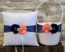 wedding photo - Your Color , Wedding Flower Girl Basket and Ring Bearer Pillow Set ,Coral Pink and Navy Blue Ring Bearer Pillow ,Wedding Pillow