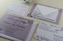 wedding photo - Modern Romantic Wedding Invitation, Soft Leaves, Purple and Gray, White and Purple