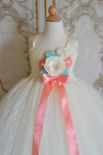 wedding photo - Glitter Ivory Coral and Aqua Flower girl tutu dress