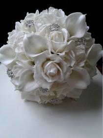 wedding photo - White Real Touch Rose and Calla Lily Wedding Bouquet-White Bridal Bouquet-Wedding Bouquet-Brooch Bouquet