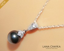 wedding photo -  Black Pearl Drop Necklace Wedding Small Black Pearl Necklace Swarovski 8mm Pearl Sterling Silver Necklace Bridesmaids Pearl Jewelry Weddings