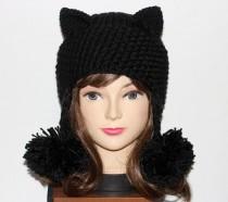 wedding photo - Crochet Cat Ears Hat, Cat Ears Beanie, Black Cat Beanie, Hat Pom Poms , Winter Accessories, Holiday Fashion, Winter Hat