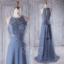 wedding photo - 2016 Steel Blue Chiffon Bridesmaid Dress, Sweetheart Illusion Wedding Dress, Bow Back Prom Dress, Lace Evening Gown Floor Length (H360)