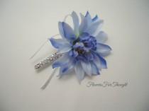 wedding photo - Blue Dahlia Boutonniere with Sparkly Silver Accent, Groomsmen Wedding Buttonhole Bloom, Mens Lapel Flower Pin