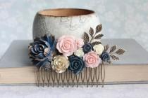 wedding photo - Navy Rose Hair Comb Big Floral Hair Piece Blush Pink and Gold Wedding Floral Bridal Hair Comb Vintage Style Flowers for Hair Something Blue