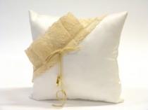 wedding photo - Wedding Ring pillow, gorgeous, white satin with beige lace