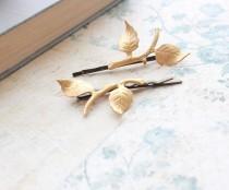 wedding photo - Branch Bobby Pins Gold Leaf Hair Pins Raw Brass Woodland Wedding Branch Hair Accessories Pair of Golden Leaves Ethereal Nature Bobbies