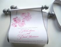 wedding photo - Grey and blush wedding invitation, fabric scroll invitations, rose flowers, pink and silver, romantic wedding,  100