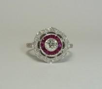 wedding photo - Gorgeous Diamond & Ruby Target Motif Ring in 14k White Gold