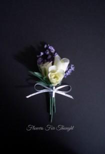 wedding photo - White Rosebud Boutonniere with Lavender, Groom or Groomsmen Lapel Bloom, Mens Wedding Flower