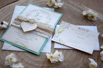 wedding photo -  Floral Teal Wedding Invitation, Nature Garden Wedding Invitation, Floral Watercolor Wedding Invite, Burlap and Lace Wedding Invite - SAMPLE