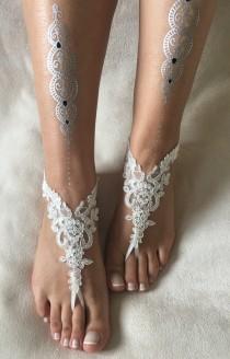 wedding photo -  White or ivory lace barefoot sandals, FREE SHIP, beach wedding barefoot sandals, belly dance, lace shoes, bridesmaid gift, beach shoes