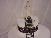 wedding photo - Personalized Custom Fireman Groom with Victorious Bride Firefighter Wedding Cake Toppers Fire Add Name to Jacket and Number to Fire Helmet-1