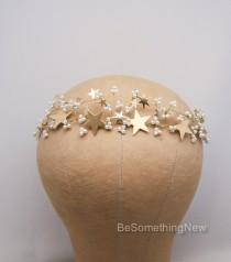 wedding photo - Rustic Gold Wedding Crown Woodland Wedding Headpiece with Vintage Stars and Pearls, Celestial Wedding Boho Wired Gold Tiara Hair Accessory